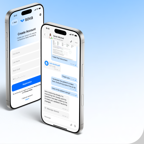 SOVA app shown on two phones: secure account creation and an encrypted clinical chat